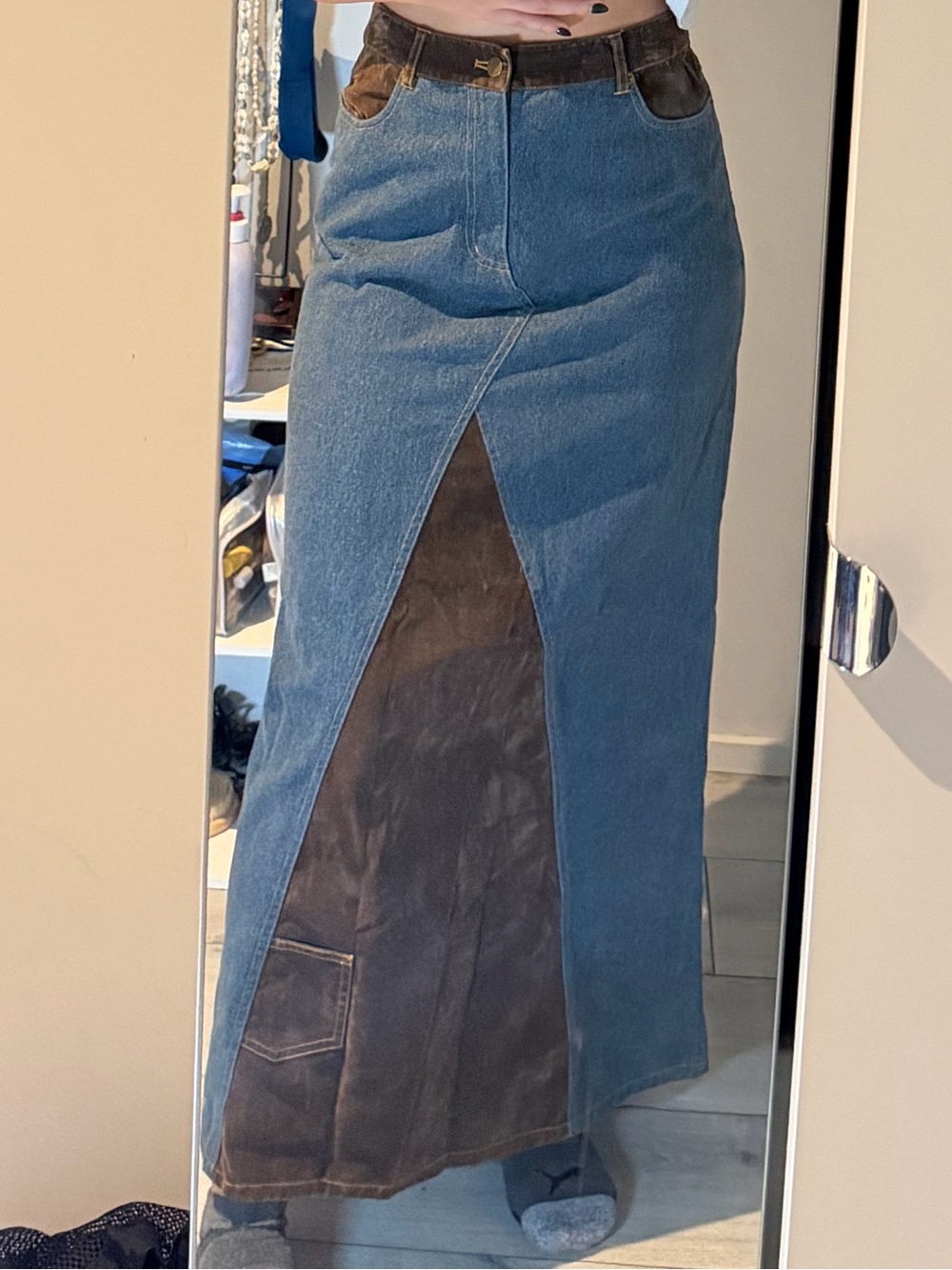 Forenza Blue Denim Maxi Skirt with Brown Insert